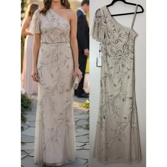 Wedding Guest Dress Adrianna Papell Floral Sequin One Shoulder Maxi Gown